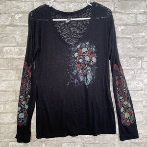 Biker goth Black Skull Rose v-neck burnout Long Sleeve Top fairy grunge 2XL